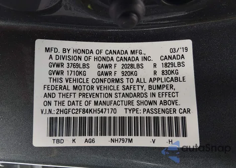 2019 Honda Civic Sport из США, поврежденный, VIN 2HGFC2F84KH547170